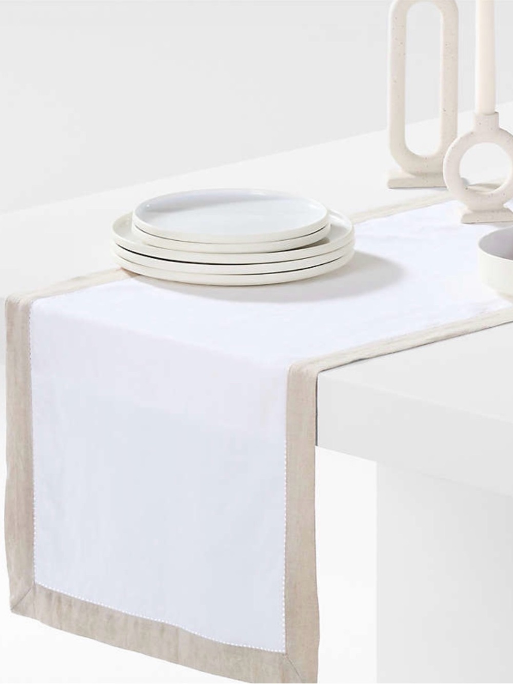 Marin 90" Natural and Cream European Linen Table Runner with Hemstitch